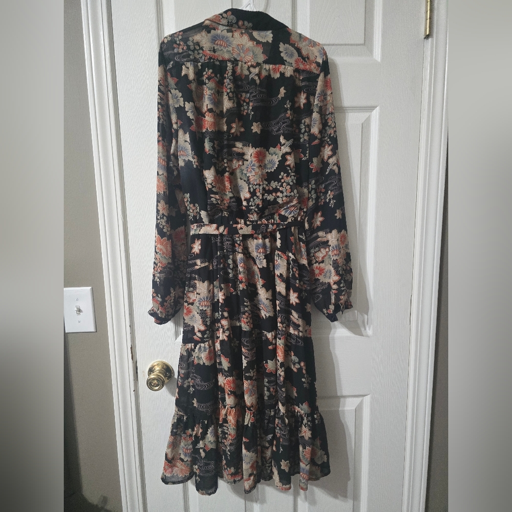 Molly Bracken Floral Print Ruffle Hem Midi Shirt Dress, Stretch Waist, EUC! - Picture 10 of 16